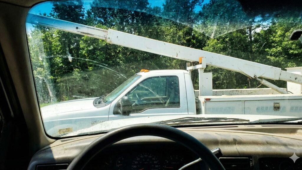 Professional Connecticut Tree Service Bucket Truck Viewed From Cab
