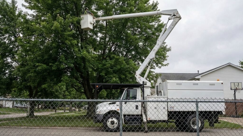 Bucket truck positioned along a fenced residential property for tree removal work in Woodbridge Connecticut