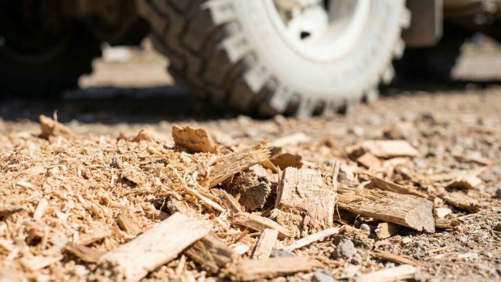 Wood debris and chips left from tree removal work on a residential property in Roxbury Connecticut