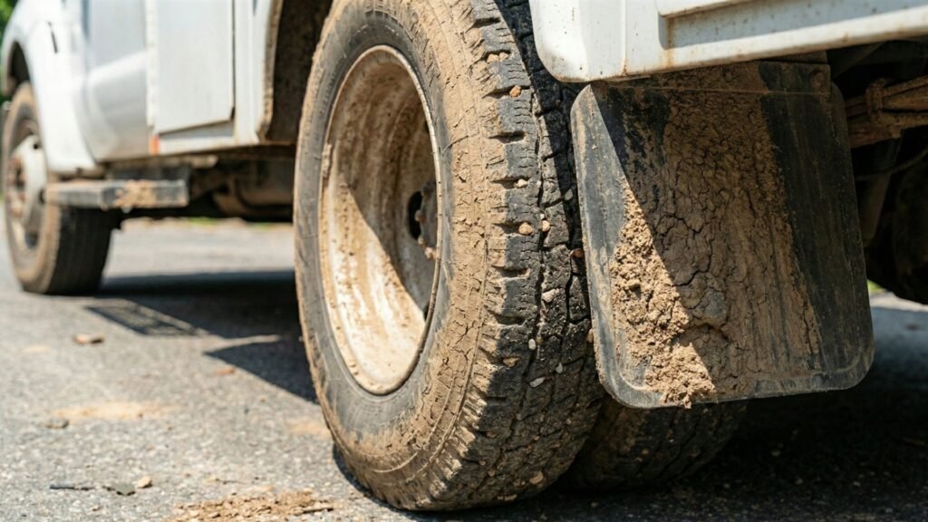 Bucket truck tire positioned on driveway during residential tree removal in Shelton Connecticut