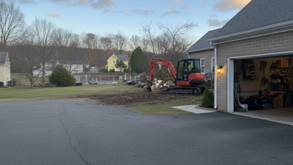 Excavator handling stacked logs during residential tree removal near a driveway in Shelton Connecticut