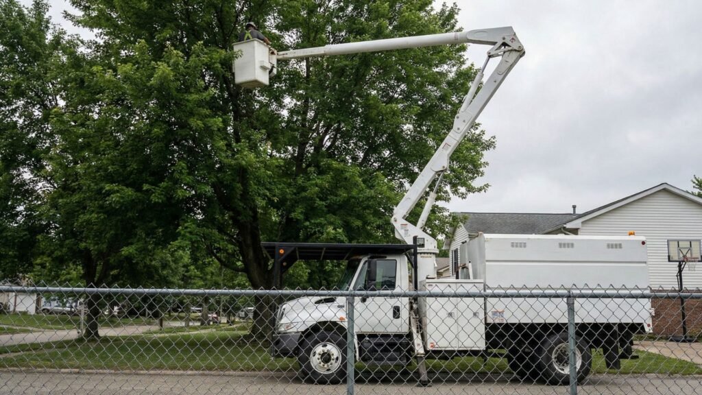 Bucket truck positioned along a residential street for tree removal work in Woodbridge Connecticut