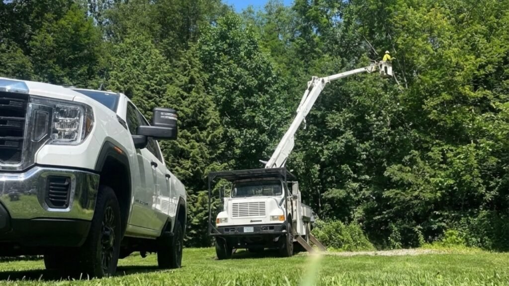Bucket Truck Performing Tree Work Near You on Residential Lawn in Ansonia