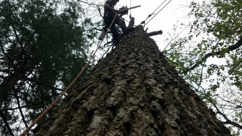 Middlebury Connecticut Tree Service Professional Cutting Tall Trunk from Climbing Position