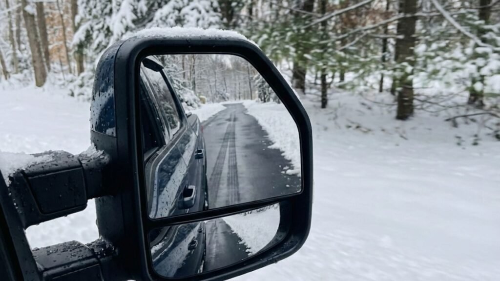Side Mirror View Snow Plow CT Road Clearing