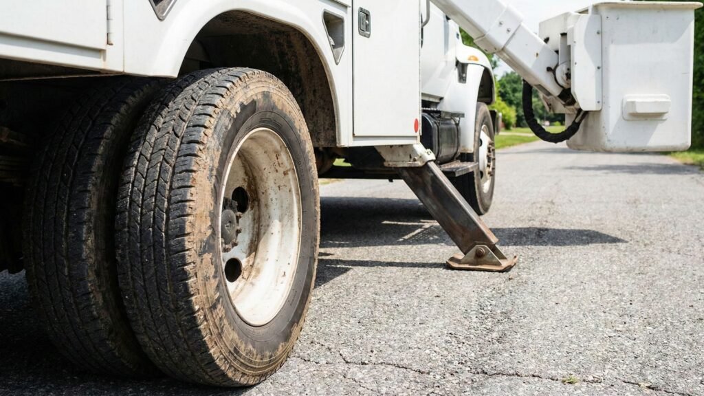 Outriggers Supporting Bucket Truck During Tree Removal Near Me in Monroe Connecticut