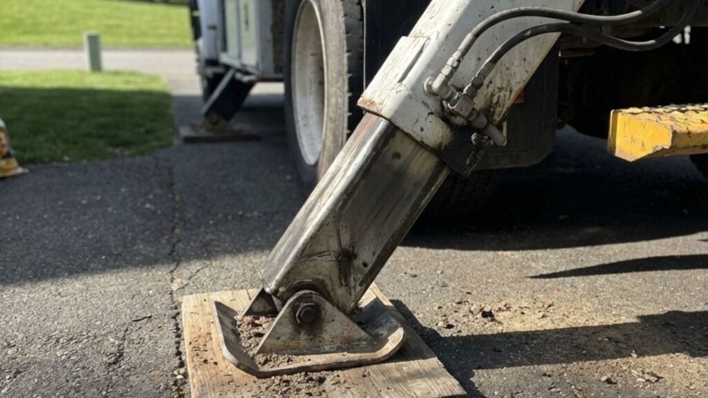 Close-up of outrigger support securing tree service truck in CT driveway