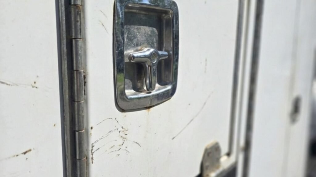 Closeup of Utility Storage Door on Monroe Connecticut Tree Service Truck