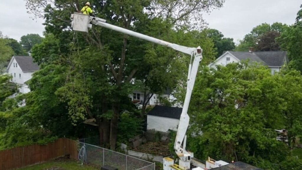 Professional tree removal crew using bucket truck at residential property in Bridgewater Connecticut