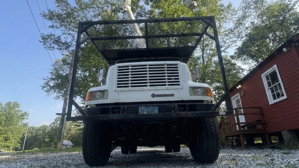 Front view of a bucket truck with raised boom positioned on a gravel lot in Prospect Connecticut
