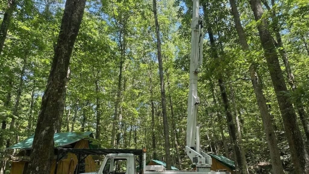 Bucket truck fully extended for residential tree removal among mature trees in Woodbury Connecticut