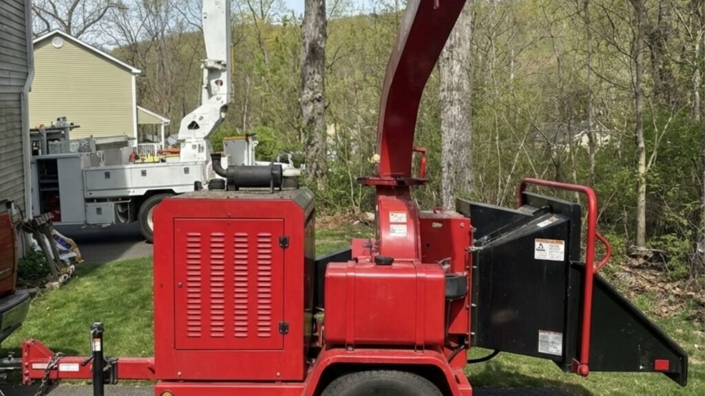 Red Wood Chipper and Bucket Truck Set Up for Tree Removal in Connecticut