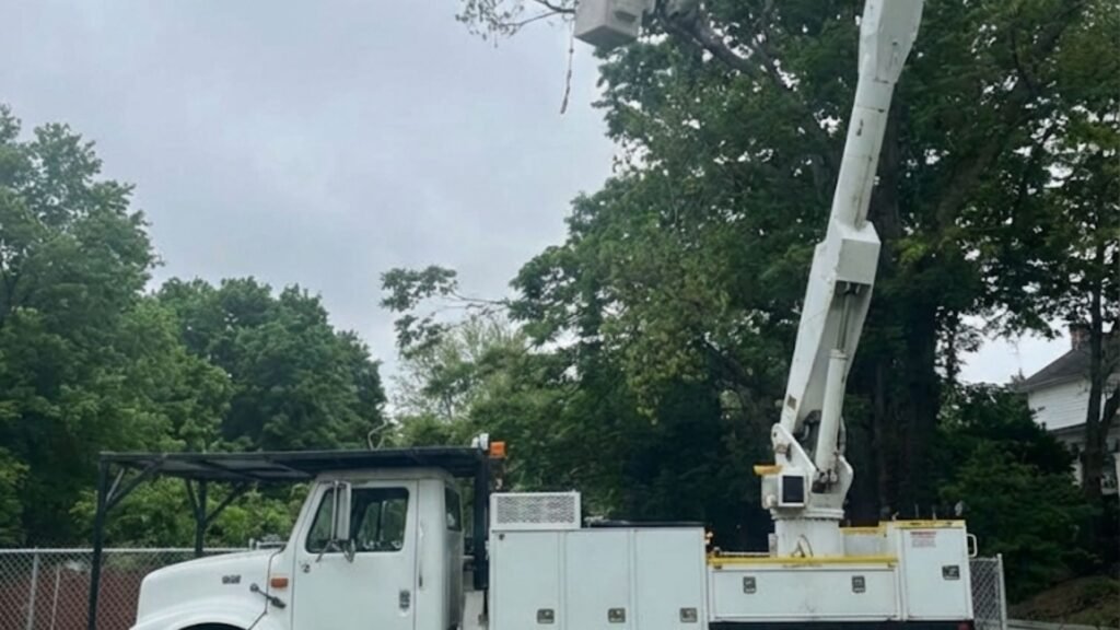 Side view of professional bucket truck performing residential tree removal in Bridgewater Connecticut