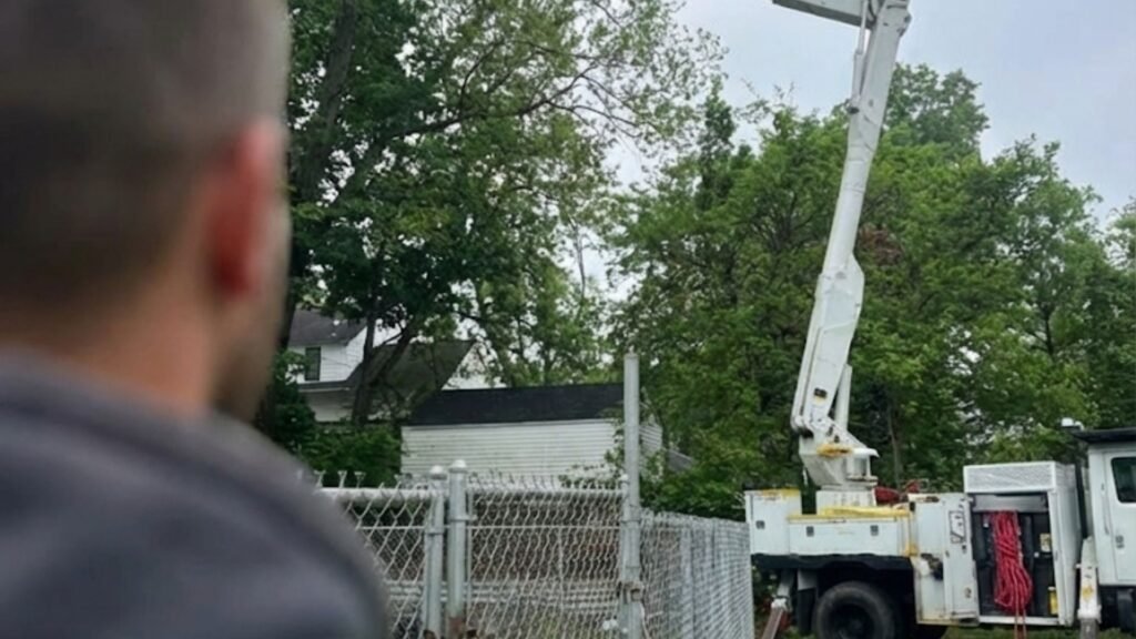 Professional tree service crew monitoring bucket truck work near chain link fence in Bridgewater Connecticut