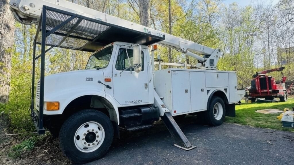 Tree removal bucket truck stabilized on a residential driveway in Woodbury Connecticut