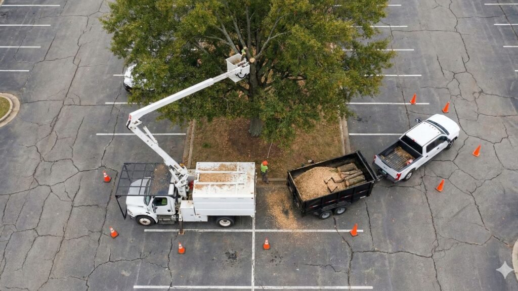 Aerial View of Connecticut Tree Removal Crew Using Bucket Truck and Dump Trailer