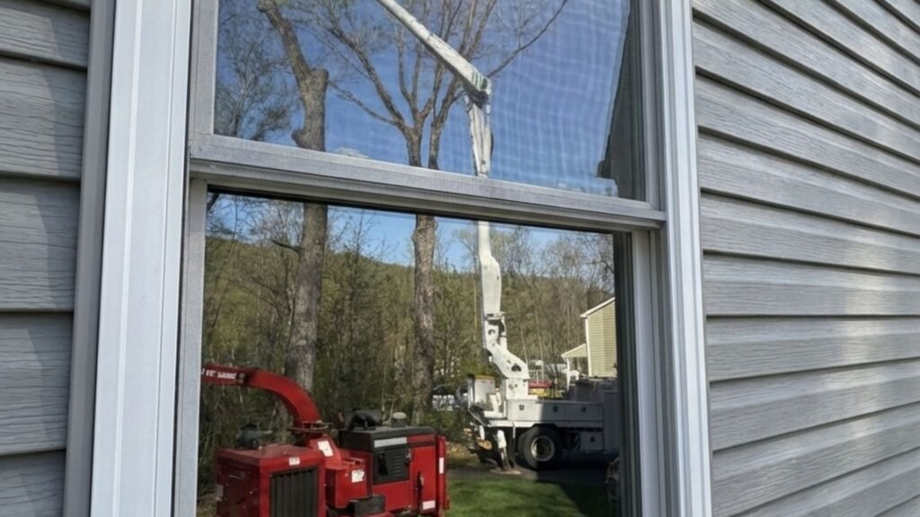 Tree Removal Equipment Reflected in Residential Window in Connecticut