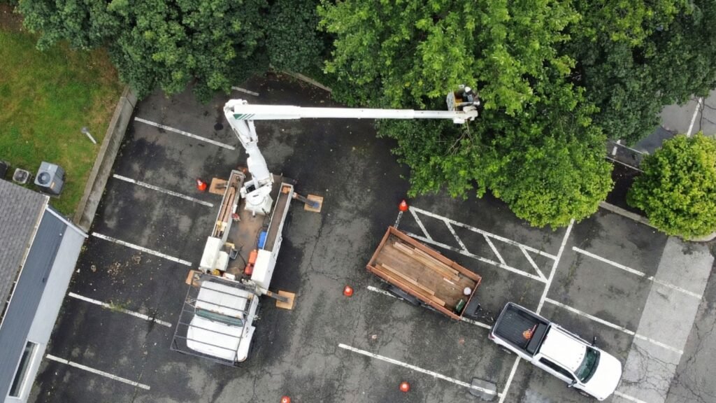 Aerial View of Bucket Truck Working in Connecticut Tree Removal Zone