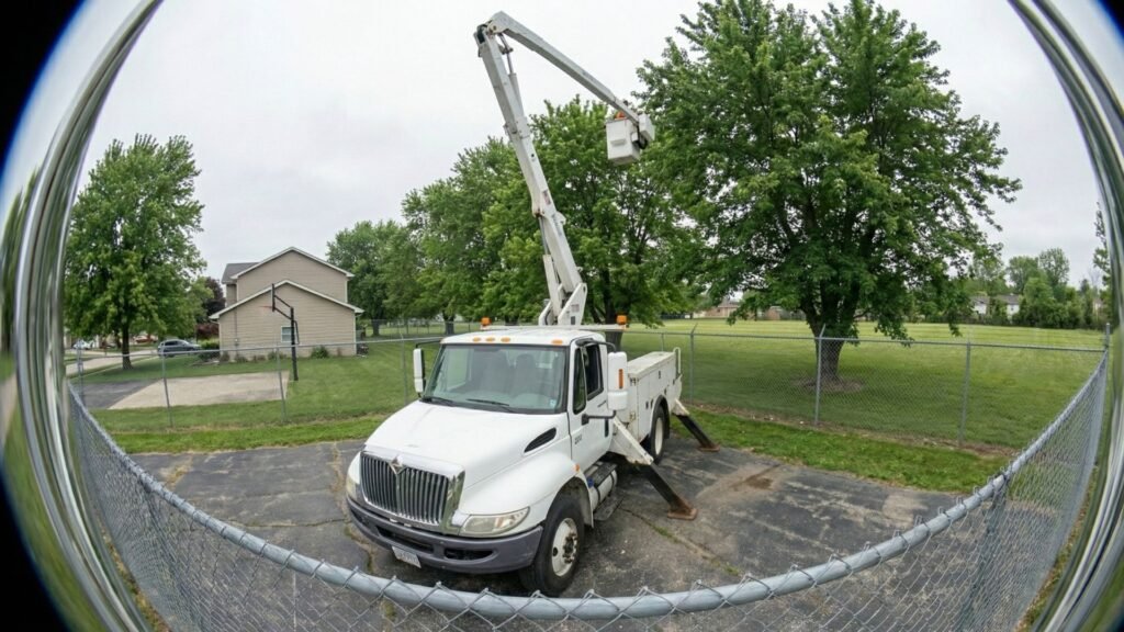 Wide angle view of bucket truck positioned for residential tree removal in Woodbridge Connecticut