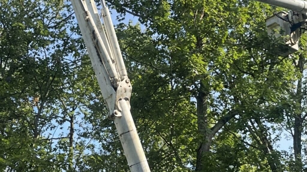 Extended bucket lift boom positioned above a tree lined residential property in Seymour Connecticut