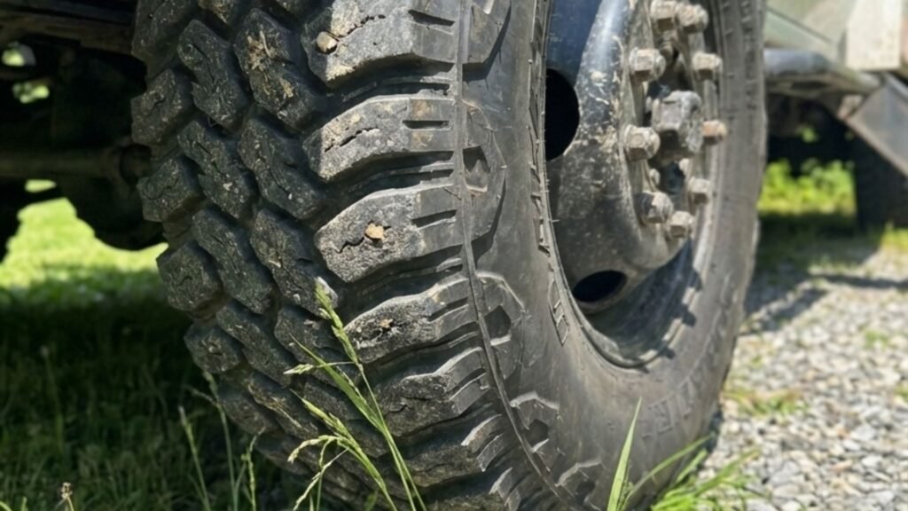 Heavy duty tree removal service truck tire positioned on gravel driveway in Southbury Connecticut