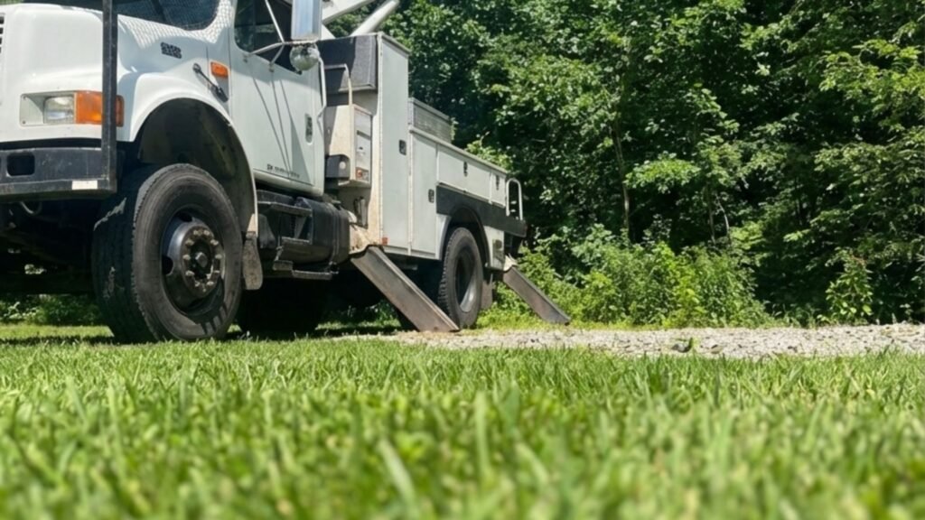 Bucket truck stabilized on a residential lawn for tree removal work in Woodbridge Connecticut