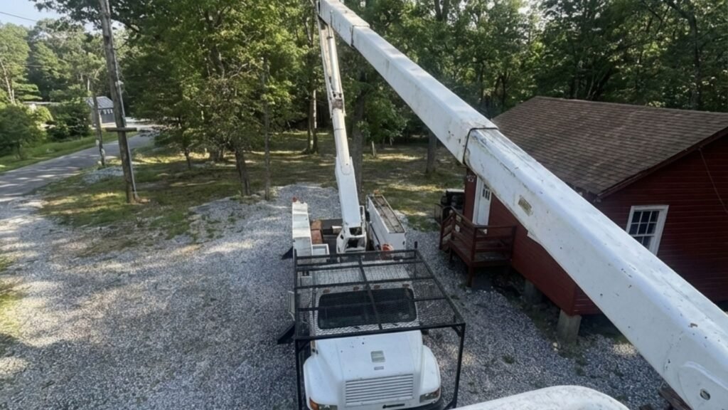 View from inside a bucket lift looking down at a tree removal truck positioned on a gravel residential lot in Prospect Connecticut