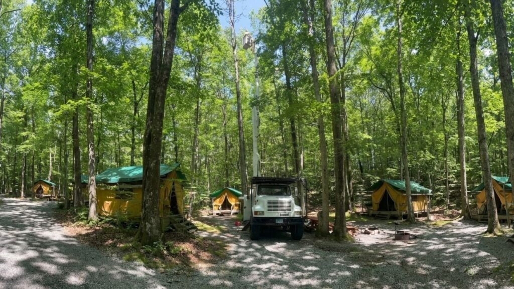 Wide view of bucket truck centered among wooded cabins during residential tree removal in Woodbury Connecticut