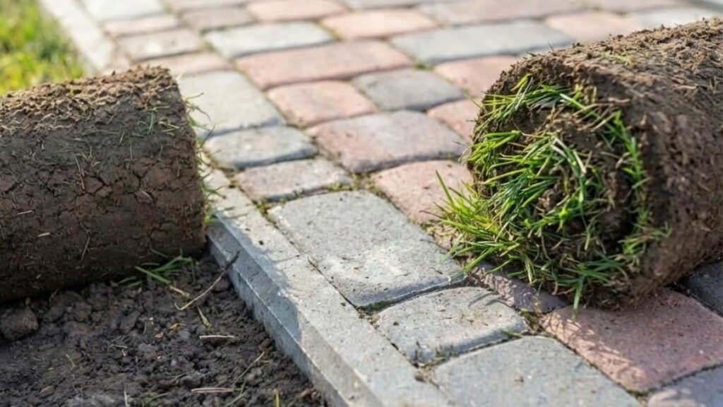 Fresh Grass Roll Set With Topsoil Near Me Along Paver Walkway CT