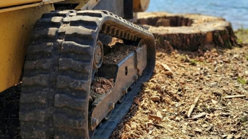 Close Up of Stump Grinder Tracks on Residential Property in CT
