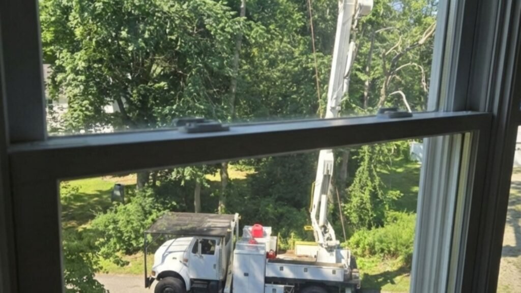 View From Inside Showing Bucket Truck Performing Tree Service in Monroe Connecticut