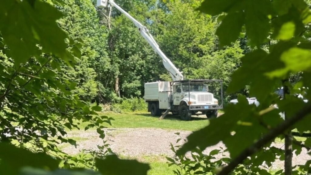 Bucket truck positioned near wooded residential area for tree removal service in Woodbridge Connecticut