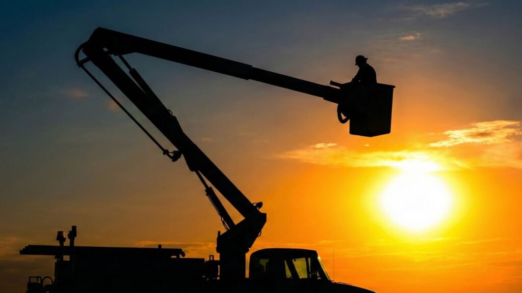 Silhouette of bucket truck operator working near me at sunset in CT