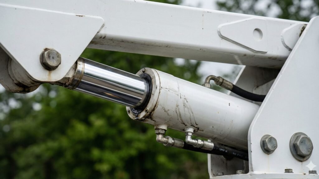 Close up of bucket truck hydraulic arm used for tree removal in Woodbridge Connecticut
