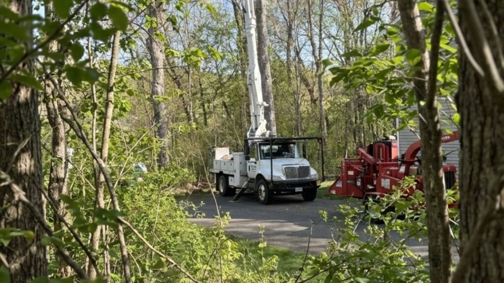 Bucket truck and chipper framed through forest brush in CT