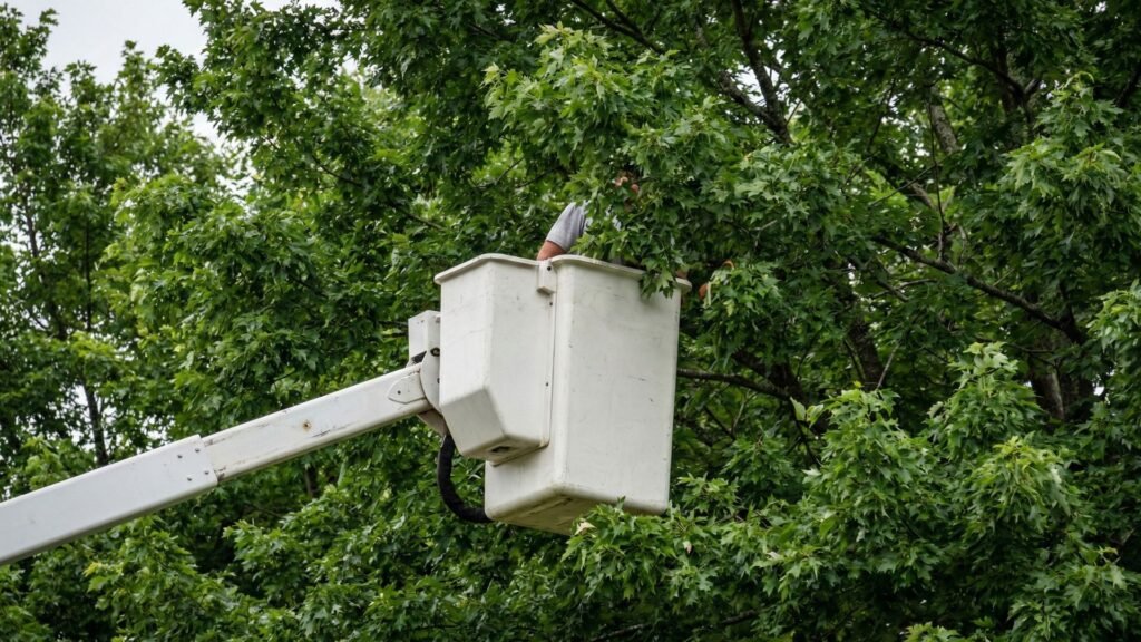 Bucket truck positioned inside dense tree canopy during removal work in Woodbridge Connecticut