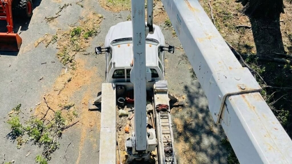 Overhead view of bucket truck positioned for residential tree removal work in Shelton Connecticut