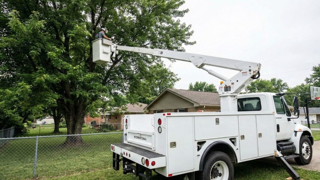Bucket truck extended beside a residential tree for removal work in Woodbridge Connecticut