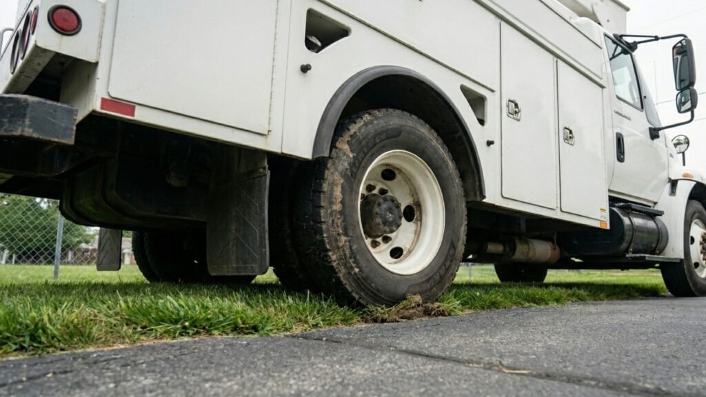 Low angle view of bucket truck rear wheel parked on grass during tree removal in Woodbridge Connecticut