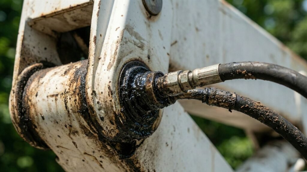 Bucket truck hydraulic system supporting residential tree removal work in Shelton Connecticut