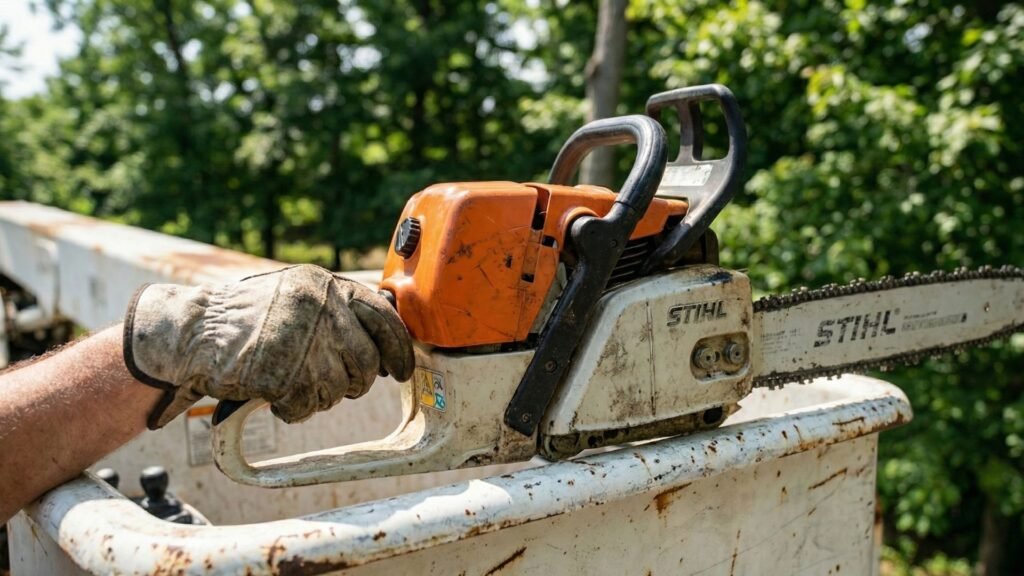 Chainsaw resting on bucket truck platform during residential tree removal in Shelton Connecticut