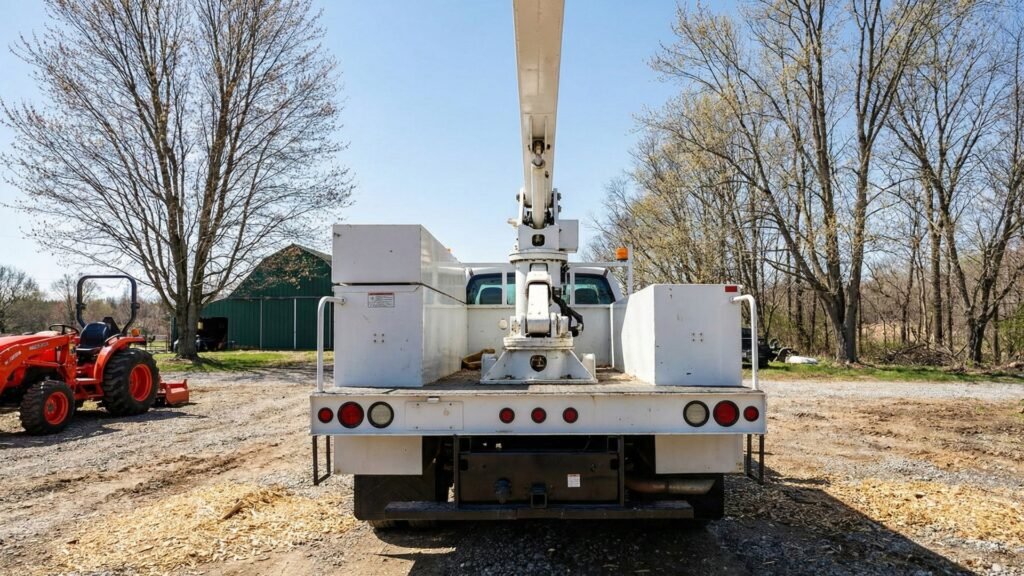 Tree removal equipment staged on a residential property in Roxbury Connecticut