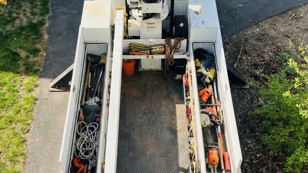 Tree removal equipment staged on residential driveway in Woodbury Connecticut
