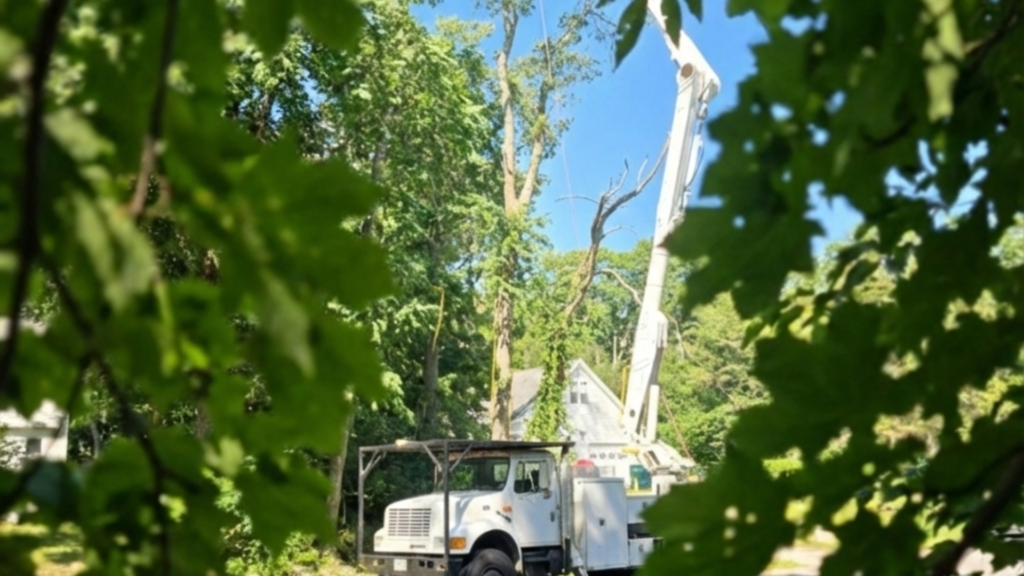 Bucket truck lifting worker for safe tree removal in Naugatuck Connecticut