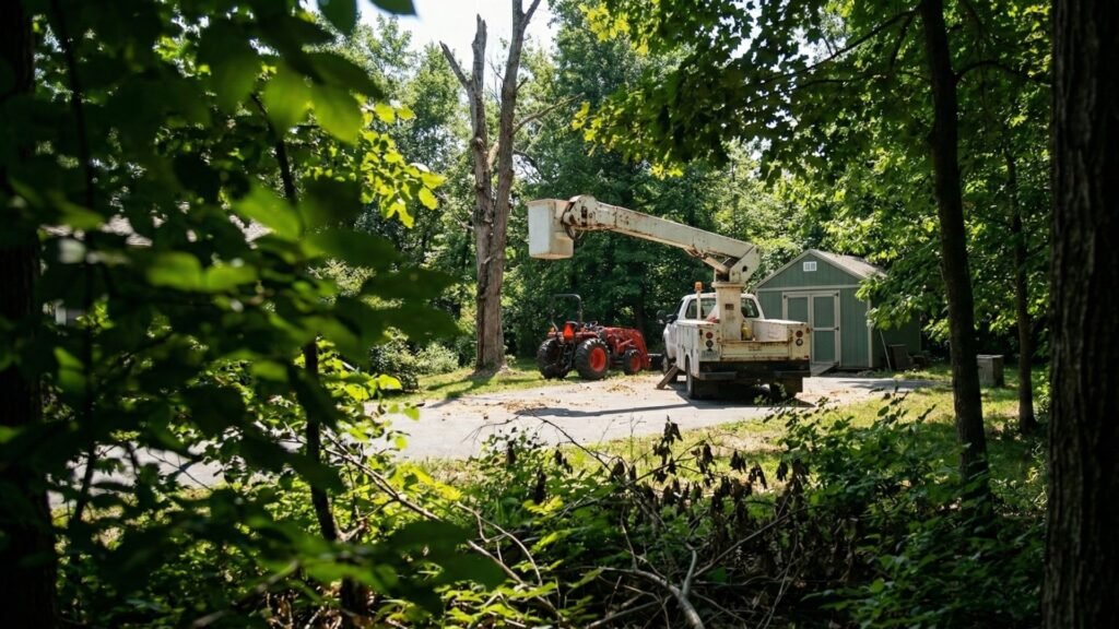 Bucket truck and tractor staged during residential tree removal in a wooded Shelton Connecticut property