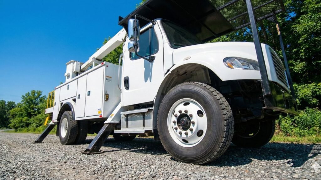 Professional Tree Service Work Truck in Connecticut with Stabilizers Deployed
