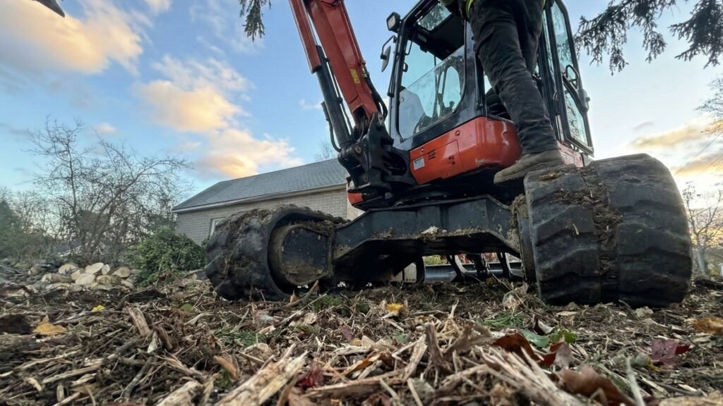 Low angle view of a compact excavator performing ground cleanup during tree removal in Seymour Connecticut