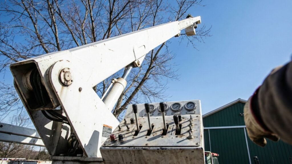 Operator controls and bucket truck equipment used during tree removal work in Roxbury Connecticut