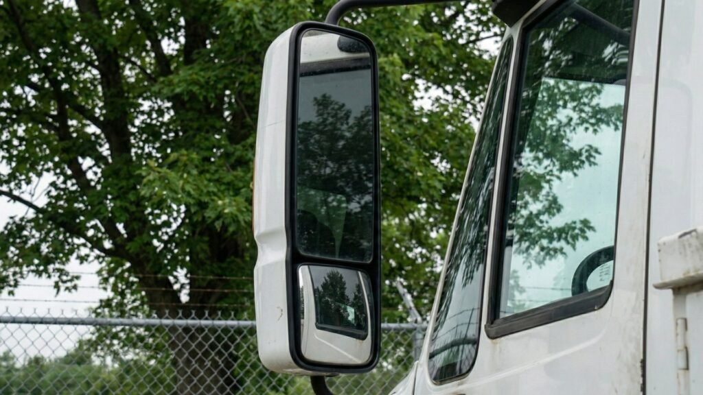 Close-up view of bucket truck side mirror used during residential tree removal in Connecticut