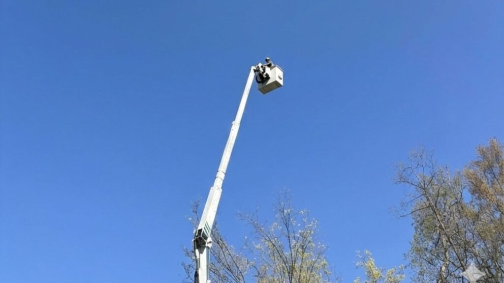 Worker in Bucket Lift Performing Tree Removal in Connecticut